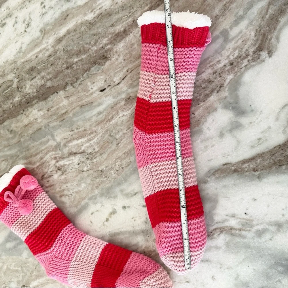 Sherpa Fleece Lined Striped Slipper Socks With Grippers & Pom Pom - Soft & Cozy